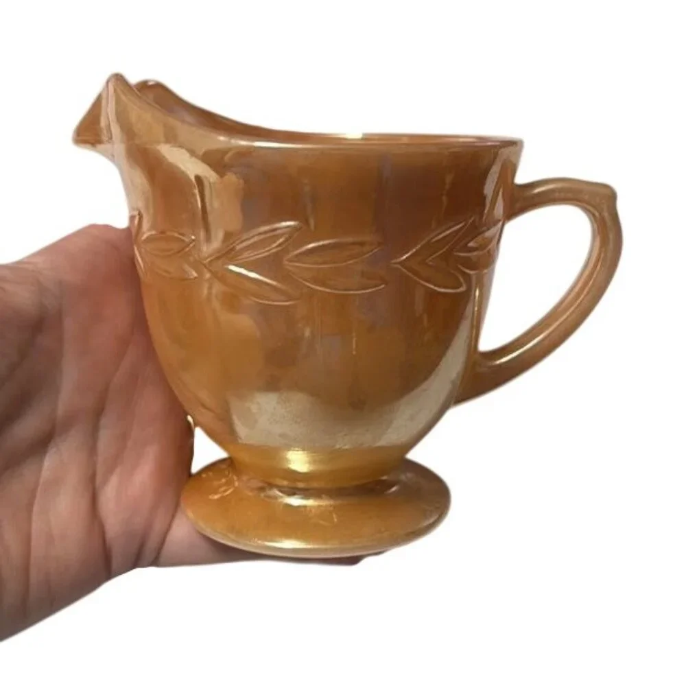 Vintage Fire-King Peach Lustre Creamer & Sugar Set With Laurel Pattern - Picture 2 of 8